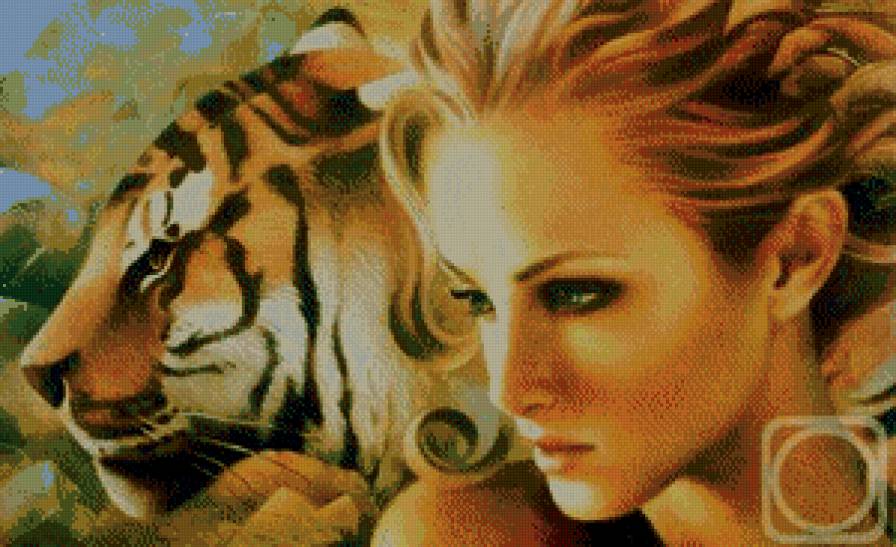 картина - дикие животные, тигр, девушка - предпросмотр