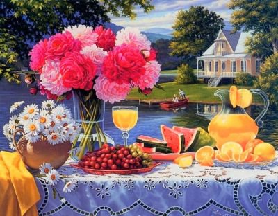 завтрак - цветы, сок, еда, река, ромашки, арбуз, пейзаж, пионы, дом, природа - оригинал