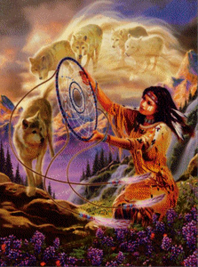 Ловец снов - волки, ловец снов, индеанка - предпросмотр