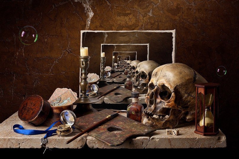 натюрморт - зеркало, череп, натюрморт - оригинал