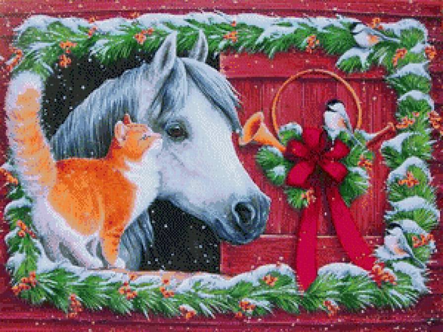 друзья - котик, рождество, зима, лошадь, кошка, животные, кот, лошадка, конь - предпросмотр