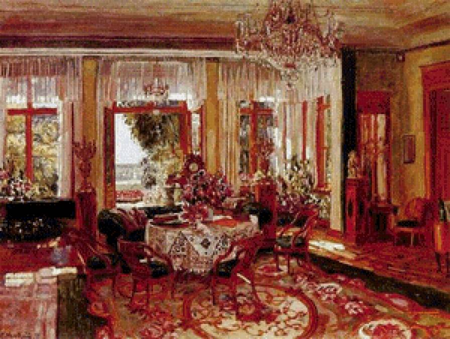 СЕРИЯ "ИНТЕРЬЕРЫ". УСАДЕБНАЯ СТОЛОВАЯ - вазы, цветы, столовая, диваны, люстры, мебель - предпросмотр