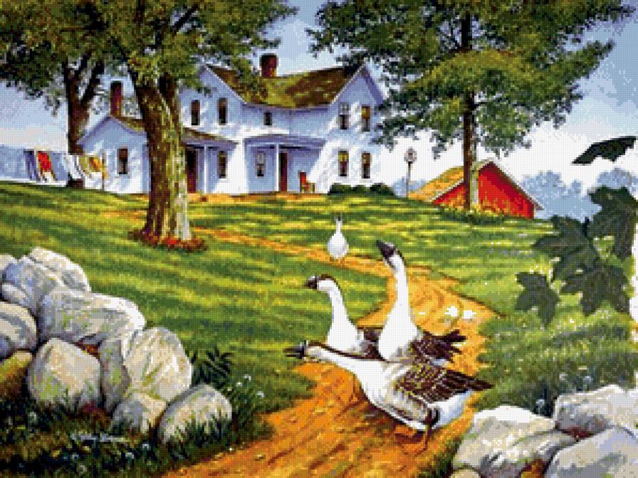 дорога домой - природа, хозяйство, животные, домашние животные, дом, картина, гуси - предпросмотр