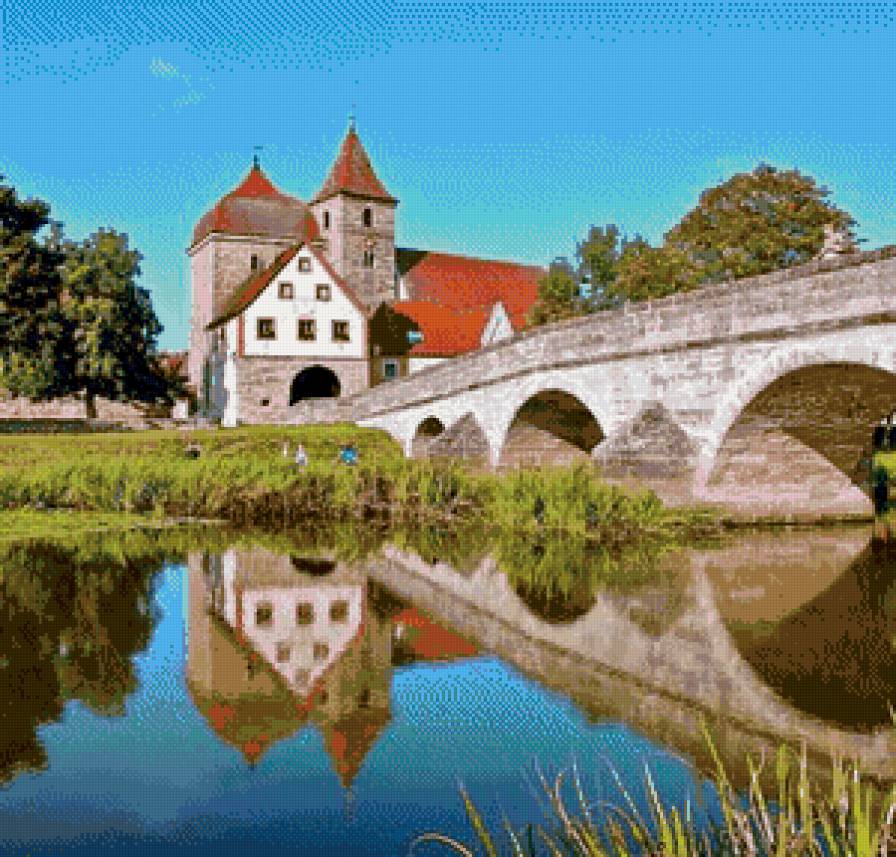 мостик - замок, мост, пруд, картина, пейзаж, природа - предпросмотр