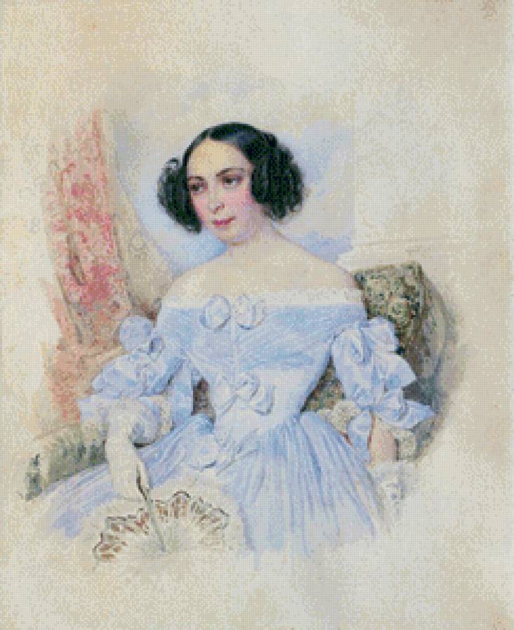 СЕРИЯ  "ПОРТРЕТЫ". ПОРТРЕТ ЖЕНЩИНЫ В ГОЛУБОМ ПЛАТЬЕ - кружево, дама, бриллианты, платье, портрет - предпросмотр