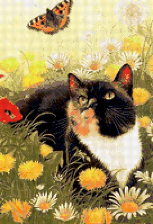 Кошка с бабочкой - кошка, цветы - предпросмотр