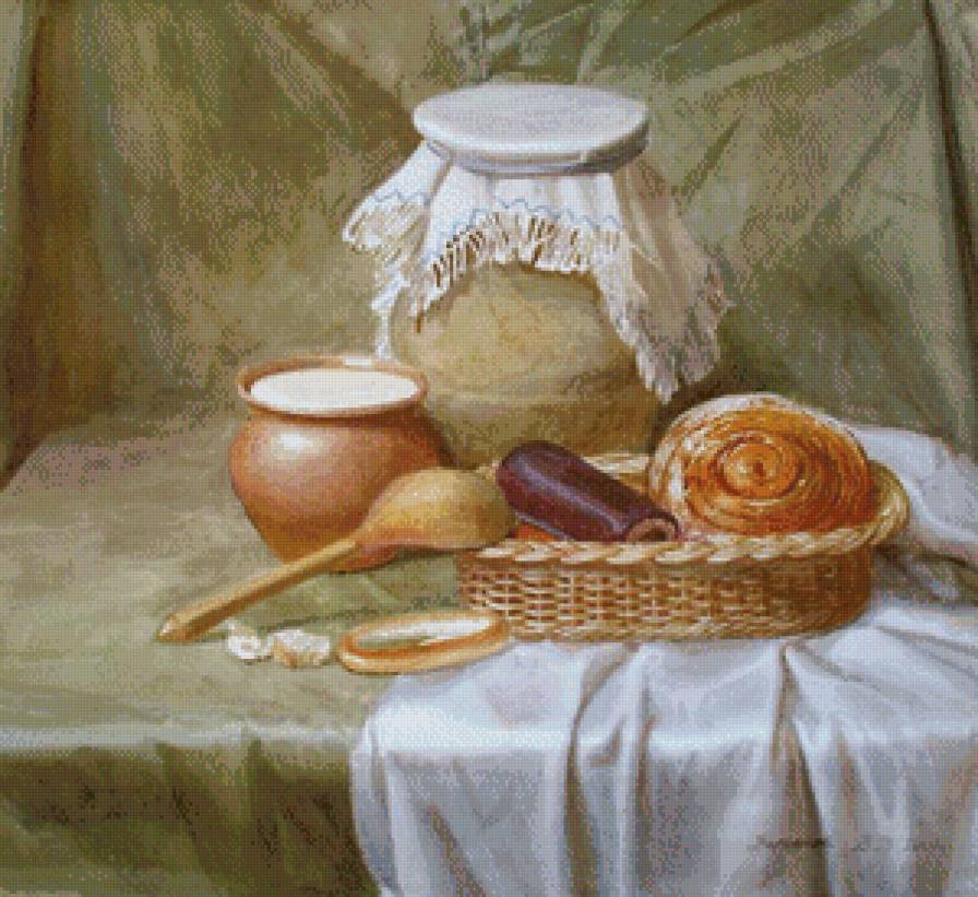 СЕРИЯ "НАТЮРМОРТЫ". ДЕРЕВЕНСКИЙ НАТЮРМОРТ - булка, пышка, скатерть, кувшин, завтрак - предпросмотр