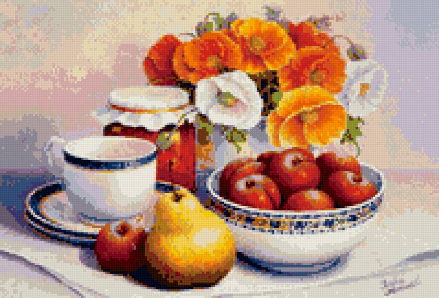 натюрморт - кувшин, персики, маки, цветы - предпросмотр