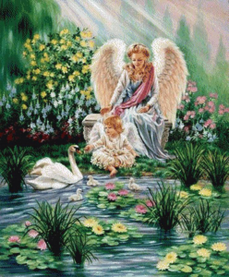 серия "ангелы" - ангелы.пруд.птицы.лебеди.кувшинки - предпросмотр