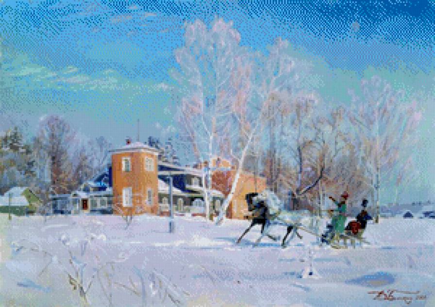 ЗИМА В УСАДЬБЕ - зима, снег, деревья, сани, усадьба, дом, имение, кучер - предпросмотр