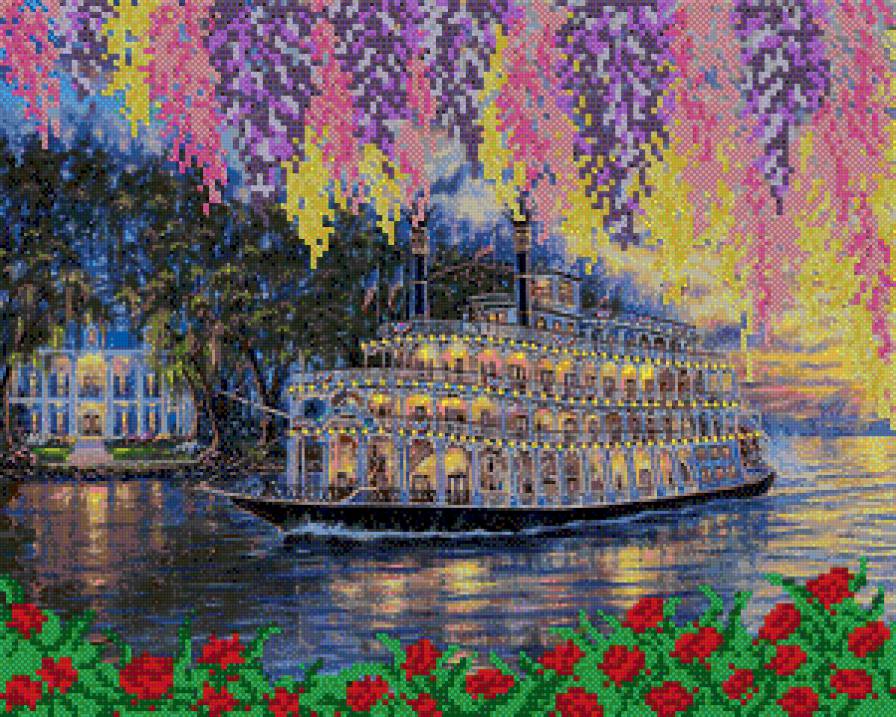 Природа - природа, река, цветы, пейзаж, теплоход - предпросмотр