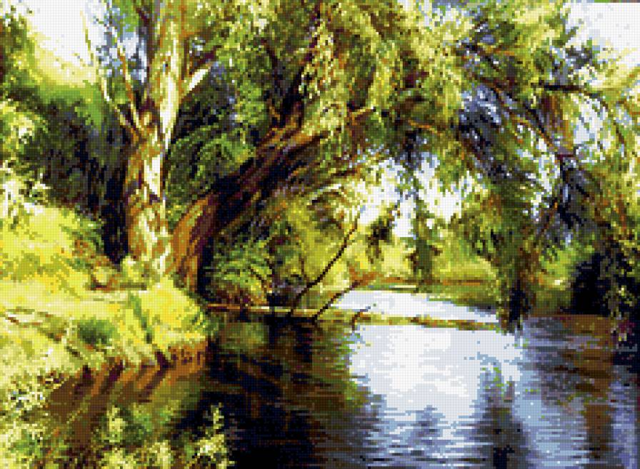 Ива у реки - лето, пейзаж, вода, река, ива, деревья - предпросмотр