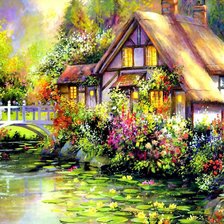 Схема вышивки «дом в цветах у речки»