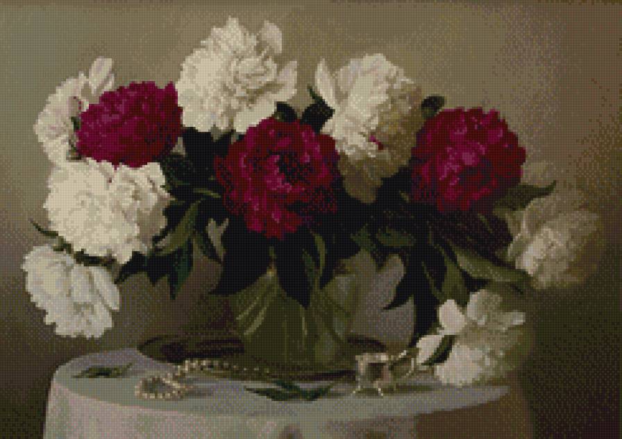 Пионы и жемчуг - цветы, натюрморт, жемчуг, пионы, букет - предпросмотр