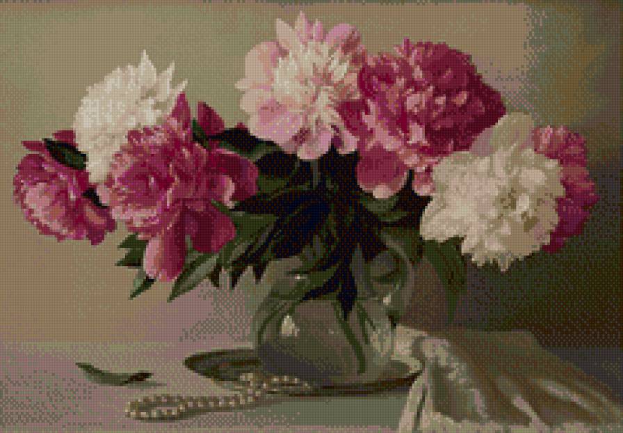 Пионы и жемчуг 2 - цветы, пионы, букет, натюрморт, жемчуг - предпросмотр