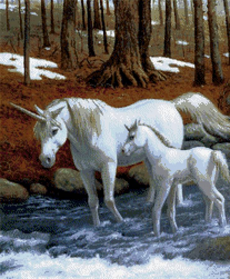 Единороги - единорог, лес, река - предпросмотр