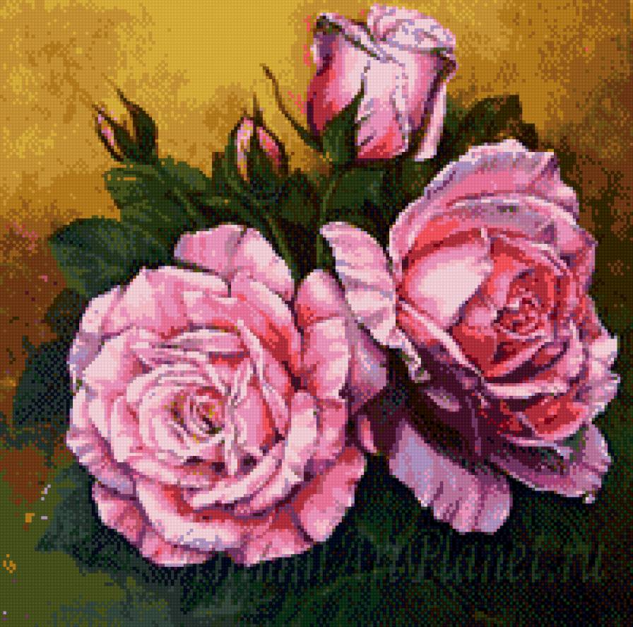 Розовая роза - букет, живопись, розы, цветы - предпросмотр