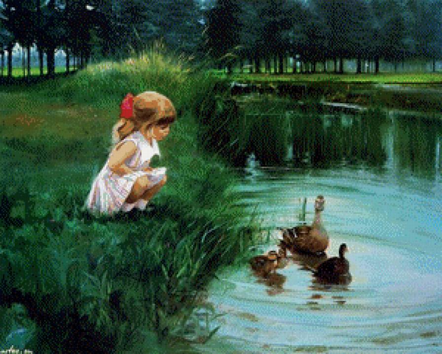 Милое знакомство - ребенок, картина, природа, утки, пруд - предпросмотр