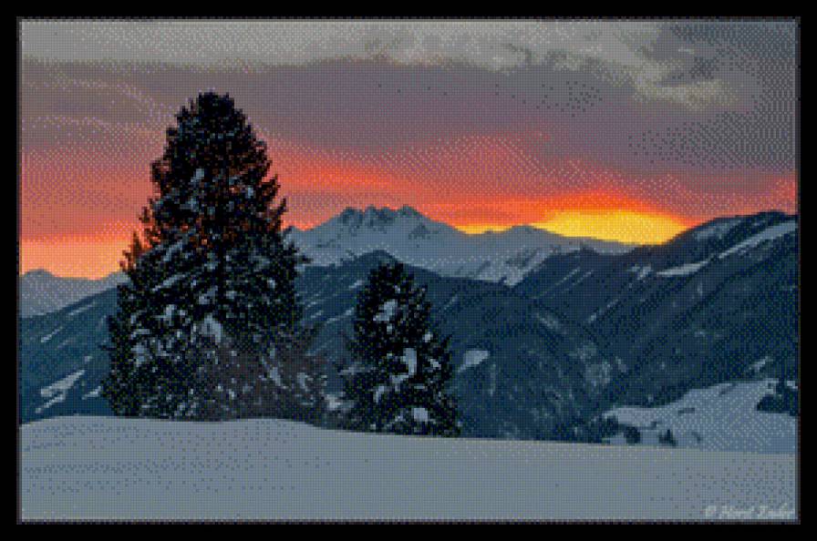Зима - пейзаж, горы, закат, зима - предпросмотр