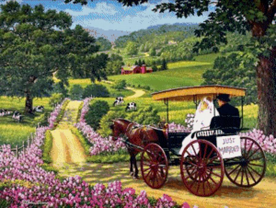 молодожены - природа, село, ретро, романтика, двое, пара, любовь, карета, свадьба - предпросмотр