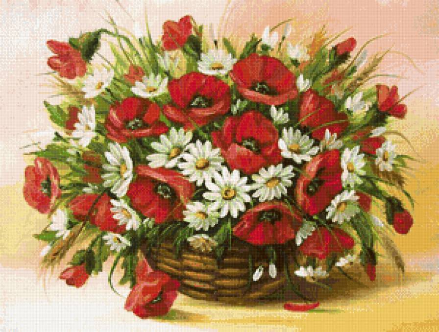 Маки и ромашки в корзинке - предпросмотр