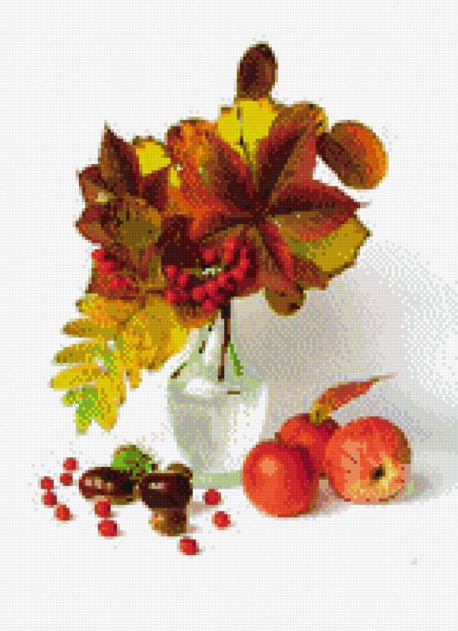 Натюрморт - ваза, яблоки, листья - предпросмотр