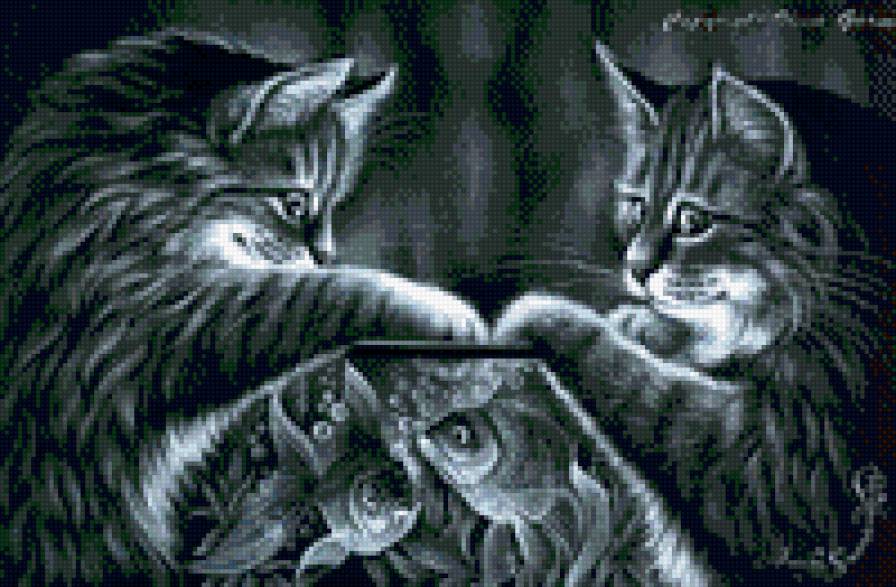 Кишки с рыбкой - рыба, кот, кошка, ночь, монохром - предпросмотр