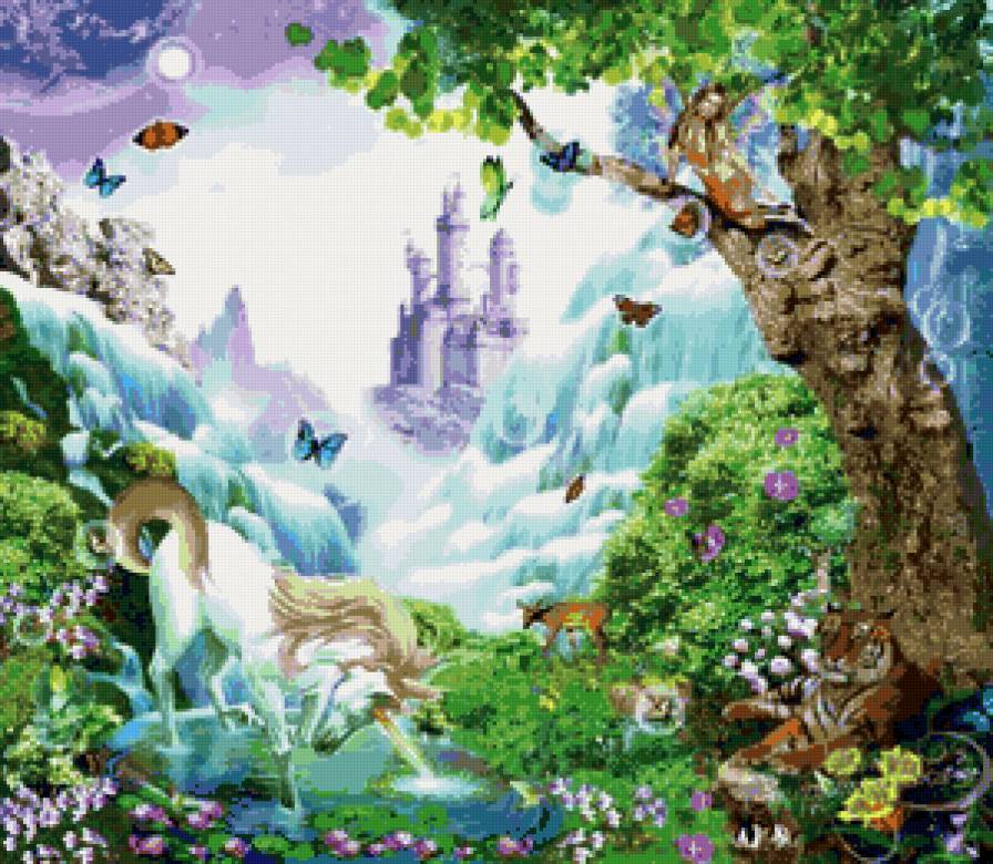 Волшебство - единорог, природа, замок, сказка - предпросмотр