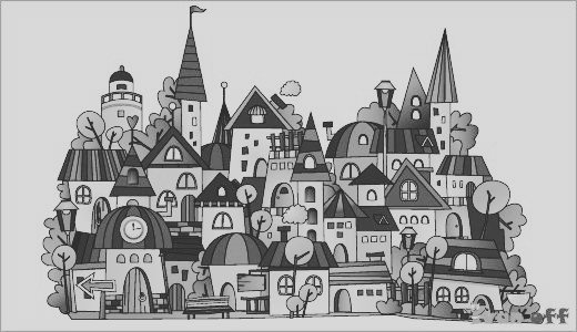 город - черно белая картинка, сказочный городок - оригинал