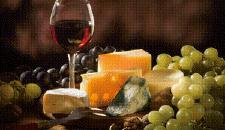 натюрморт - натюрморт, виноград, сыр, продукты, вино - предпросмотр