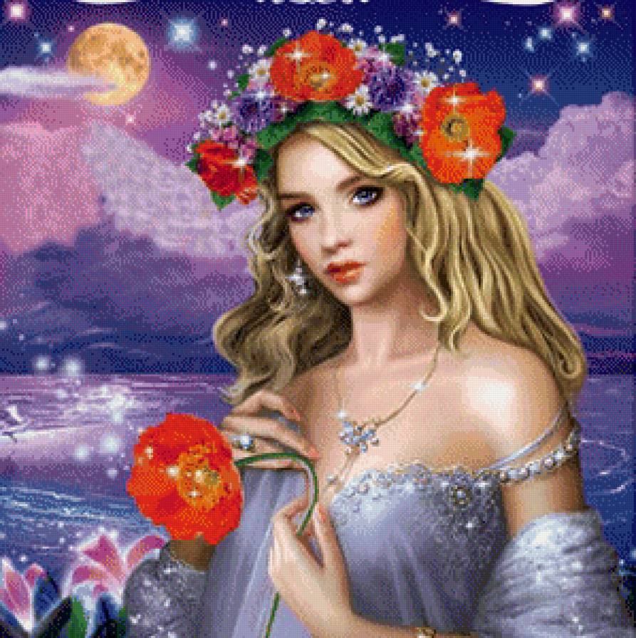 фэнтези - луна, фэнтези, девушка, венок, цветы, море, маки - предпросмотр
