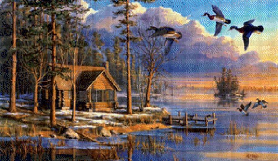 деревня - дом, лес, озеро, деревня, утки - предпросмотр