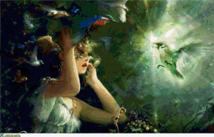 Волшебство - девушка, птицы, природа, фэнтези - предпросмотр