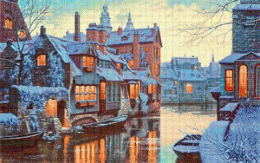 зийний пейзаж - снег, река, лодка, пейзаж, город, зима - предпросмотр