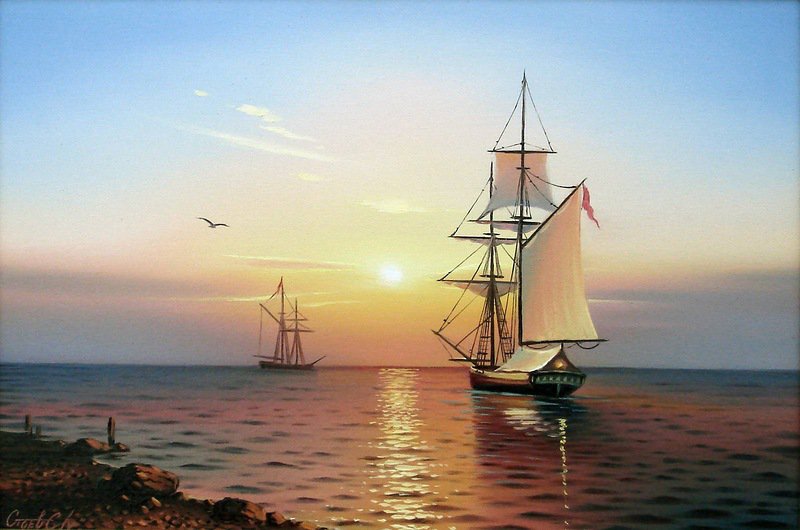Морские пейзажи Сергея Стоева - парусник, пейзаж, море, картина, закат - оригинал