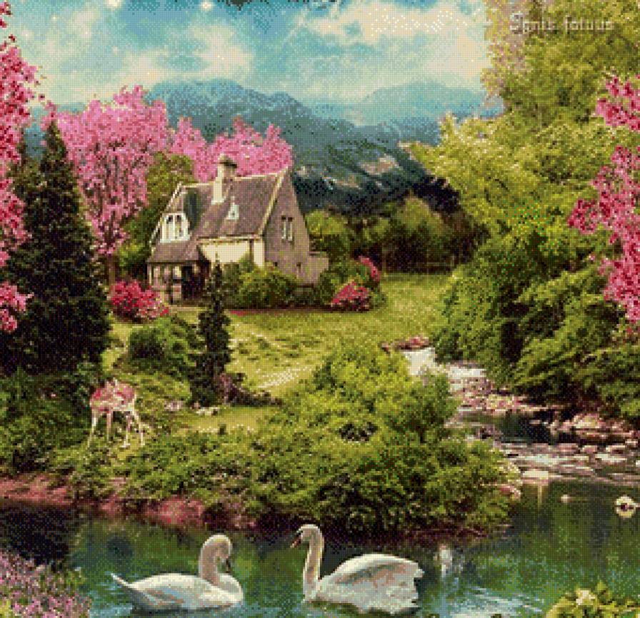 Живописный уголок - домик, природа, пруд с лебедями - предпросмотр