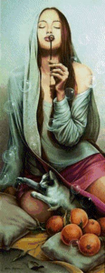 картина - девушка, кот, кошка - предпросмотр