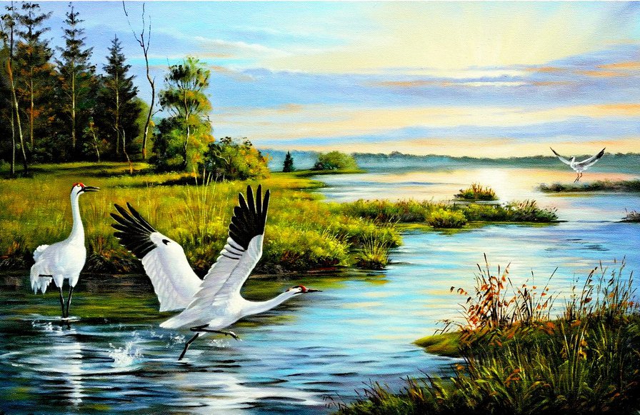 журавли - пейзаж, птицы - оригинал