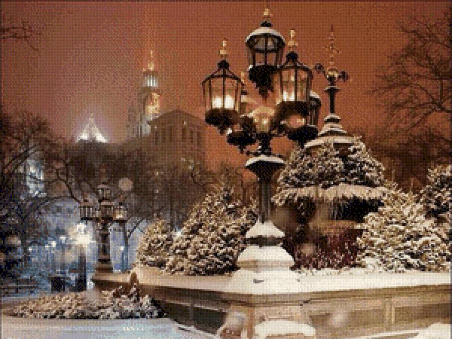 Зимний пейзаж с фонарями - пейзаж, зима, фонари - предпросмотр