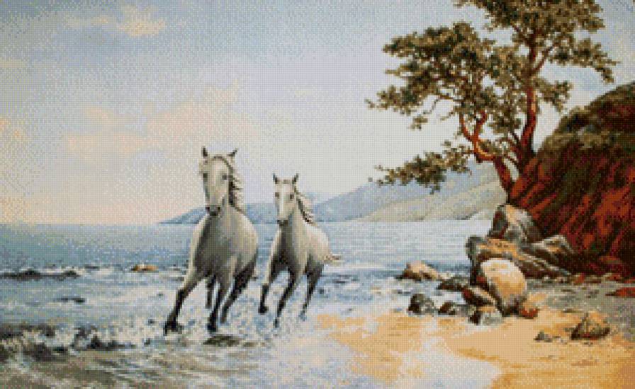 Быстрый бег - картина, берег, лошади - предпросмотр