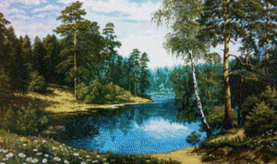 Лесное озеро - природа, лес, озеро, картина - предпросмотр