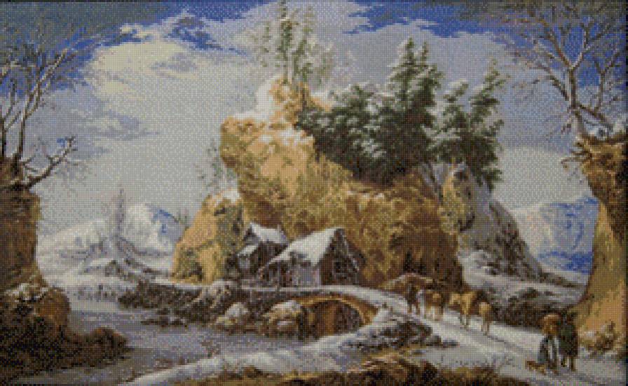 Зимний пейзаж - домики, зима, картина - предпросмотр