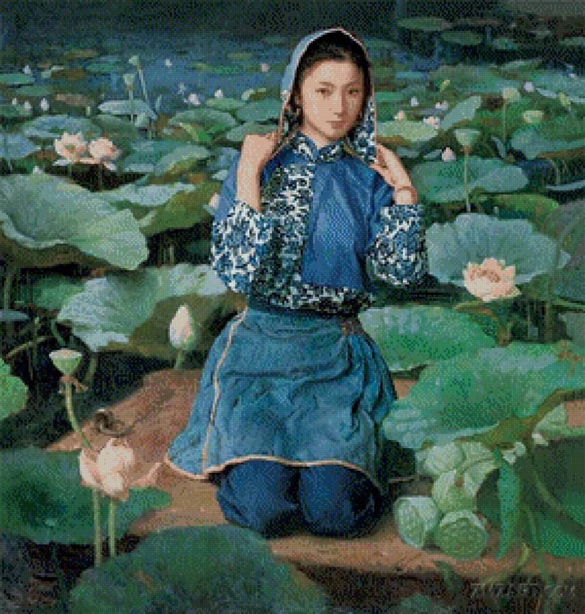 Девушка и цветущие лотосы - картина, девочка, живопись азии - предпросмотр