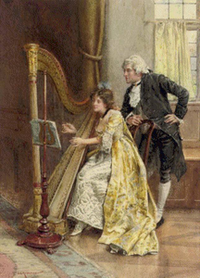 музыкальный вечер - музыкальный вечер, джентльмен, леди, арфа, ноты - предпросмотр