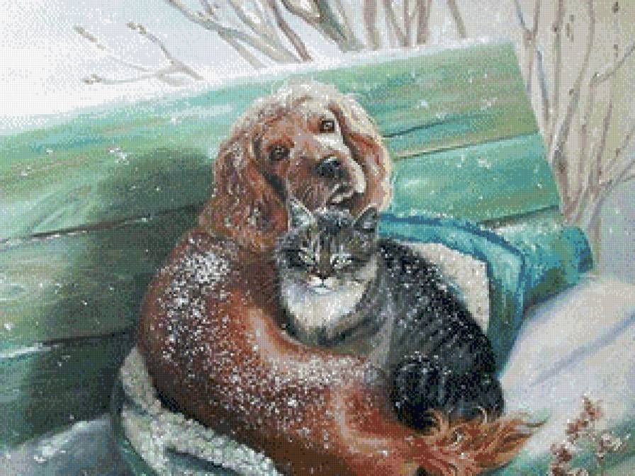 №774931 - зима, животные, скамейка, собака, кошка, снег - предпросмотр