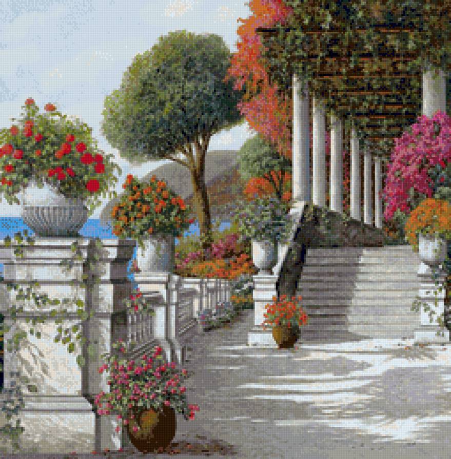 В лучах солнца - море, пейзаж, живопись, терраса, цветы - предпросмотр