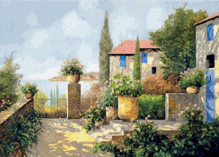 Солнечное утро - дворики, цветы, пейзаж, живопись, утро, домики - предпросмотр