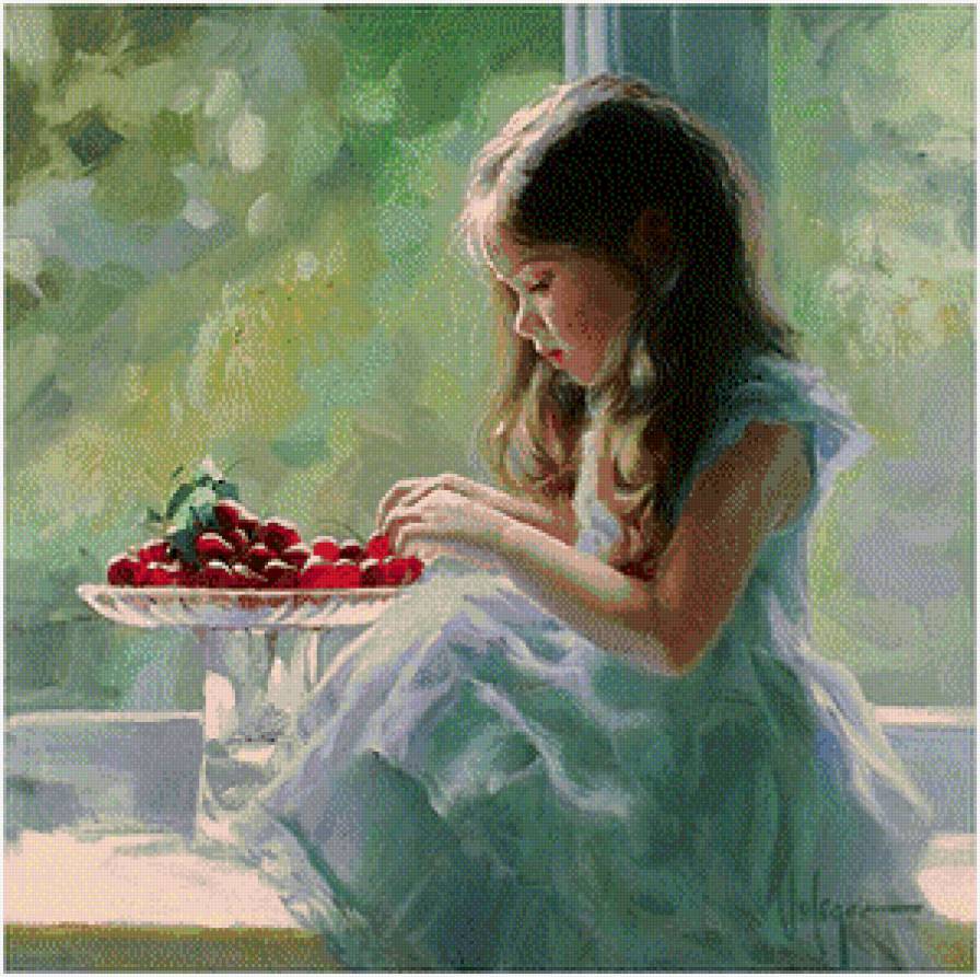 №776641 - лето, ягоды, девочка, дети, окно, картина - предпросмотр