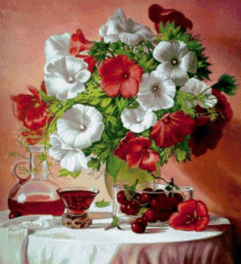 картина - вишни, вишня, цветы, ягоды, букет, натюрморт - предпросмотр