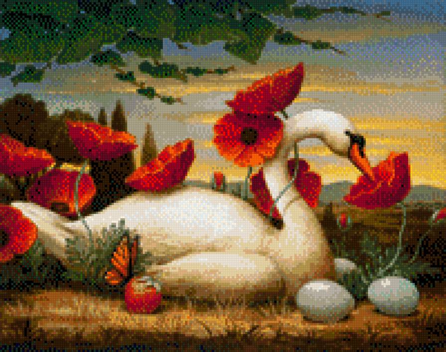 Лебедь в маках - вышивка, крестик, dmc - предпросмотр